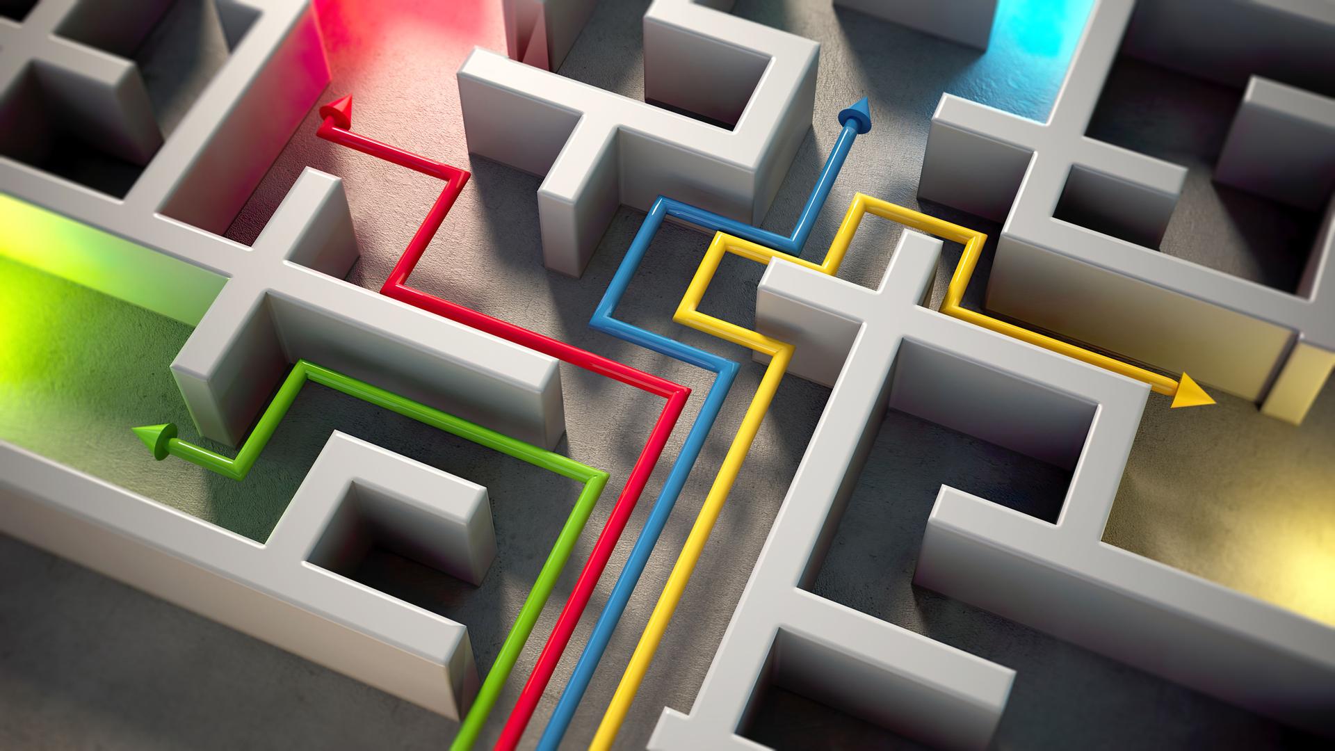 Colorful Arrow Lines Navigating Through a Three-Dimensional Maze Structure