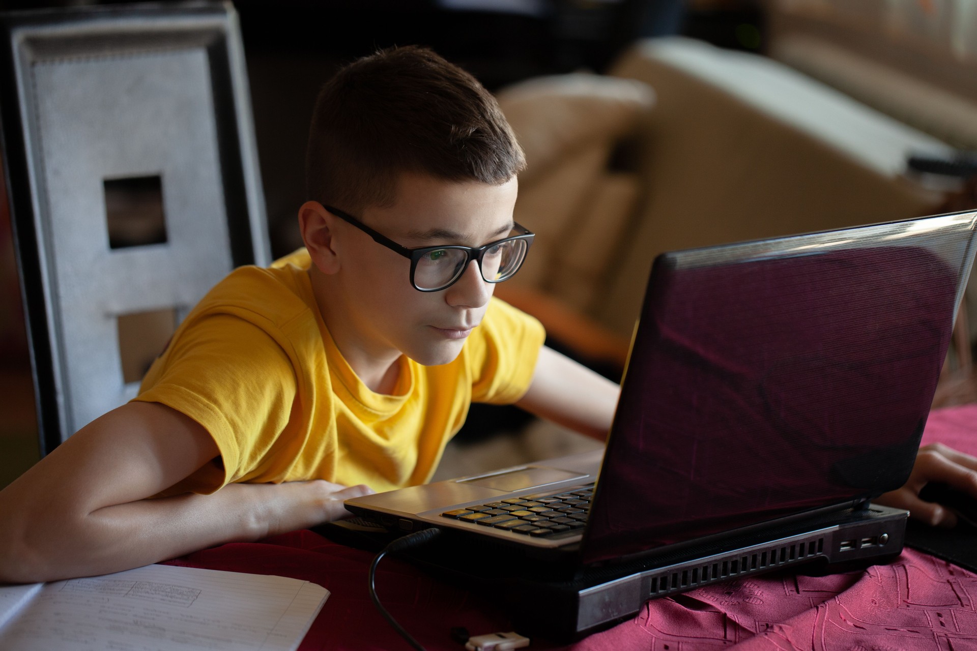 Teenage boy doing homework using computer